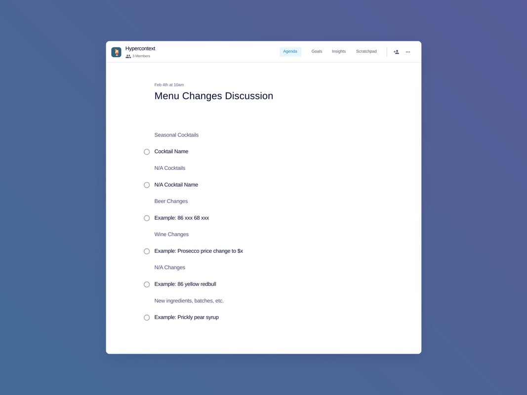 Menu Changes Discussion Template