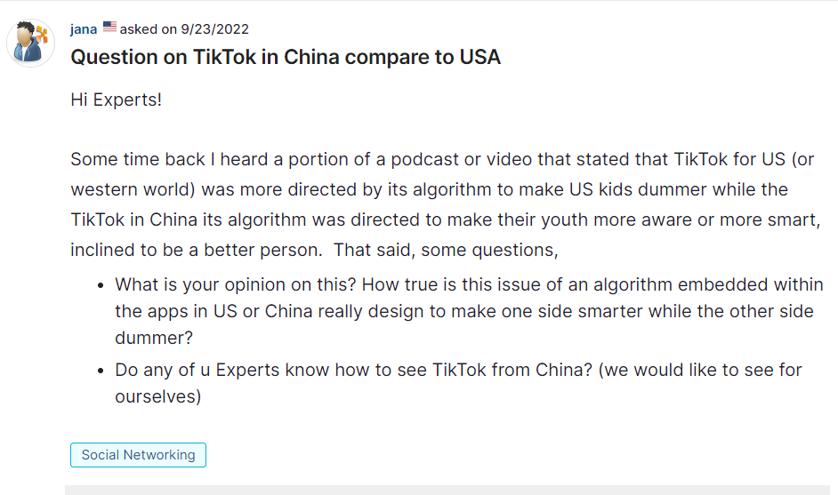 Solved: Question on TikTok in China compare to USA