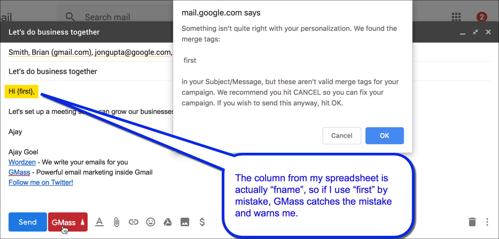 New! We'll warn you if you use the wrong mail merge tags