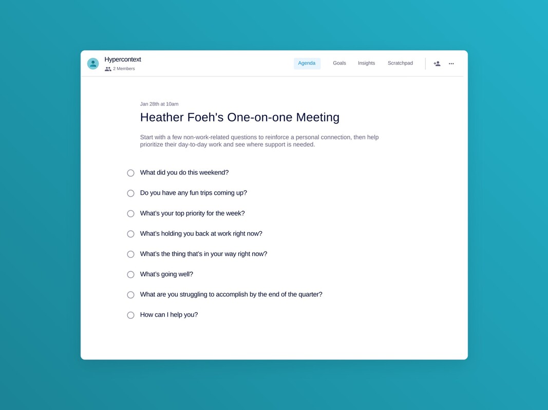 Heather foeh's one-on-one meeting template (8 topics and ideas) | Spinach