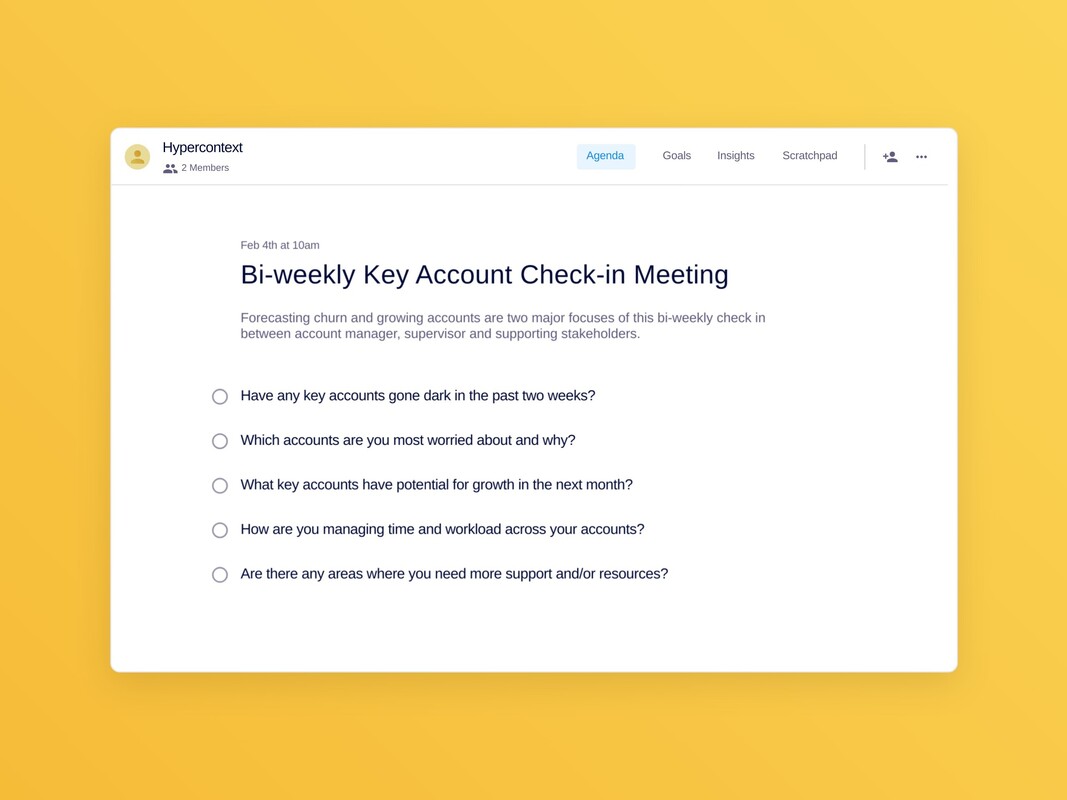Bi-weekly key account check-in meeting template (5 topics and ideas) | Spinach