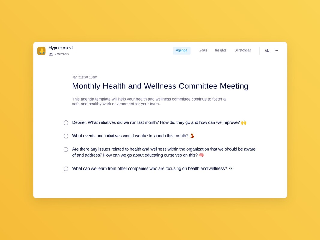 Monthly health and wellness committee meeting template (4 topics and ideas) | Spinach