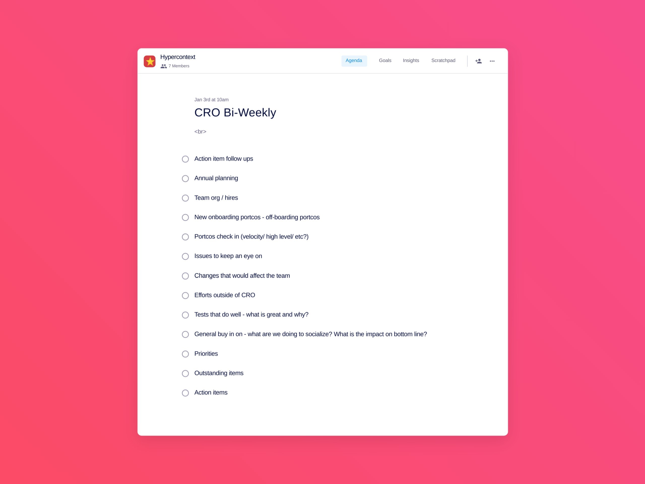 Cro bi-weekly template (13 topics and ideas)