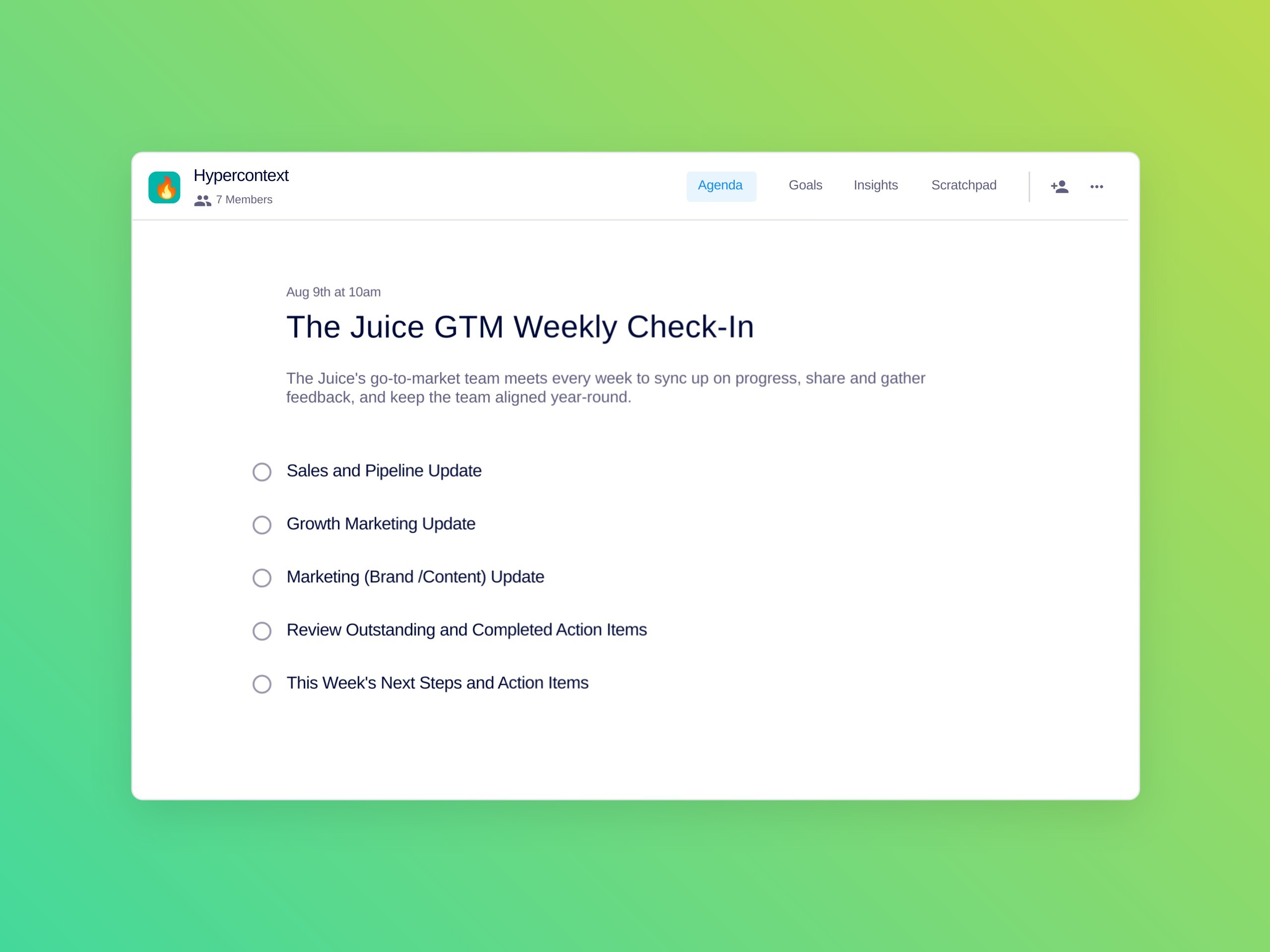 The juice gtm weekly check-in template (5 topics and ideas)
