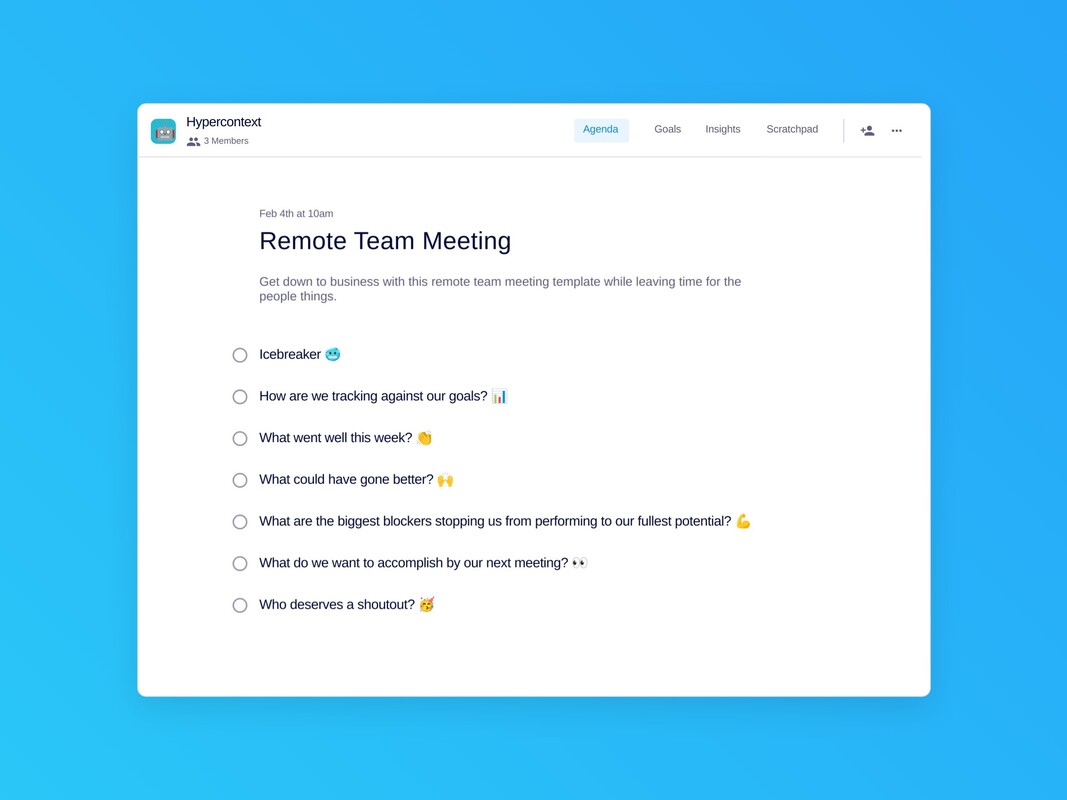 Remote team meeting template (7 topics and ideas) | Spinach