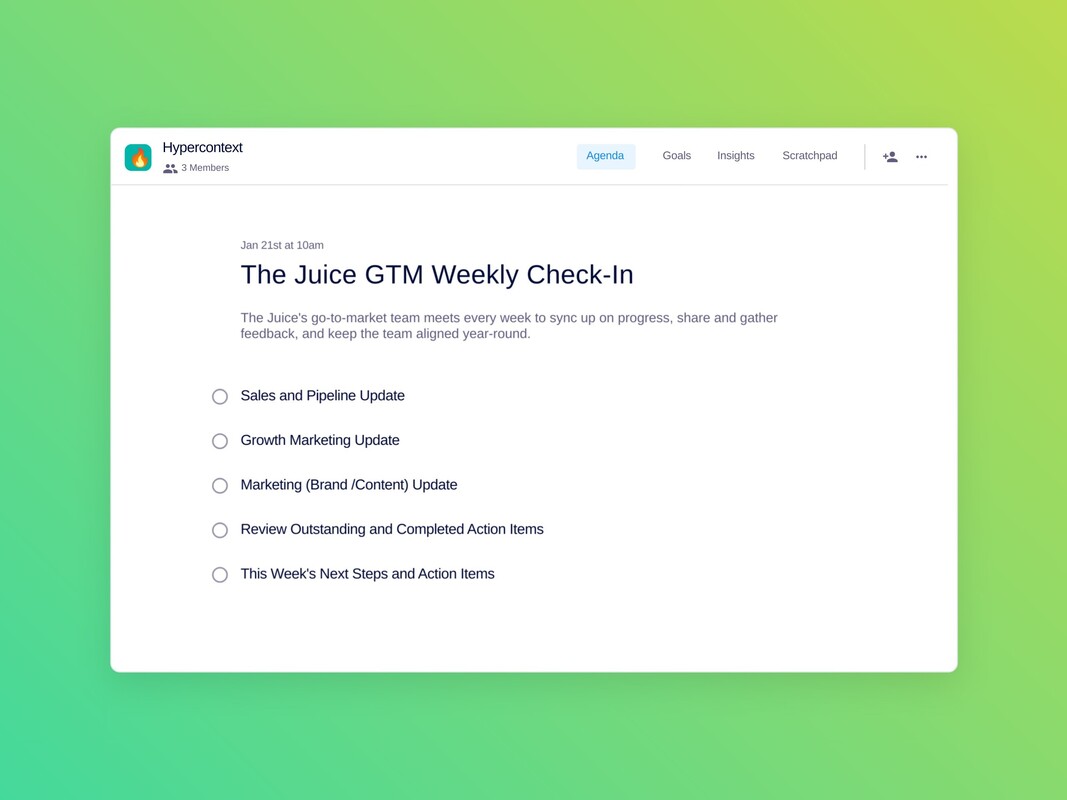 The juice gtm weekly check-in template (5 topics and ideas) | Spinach