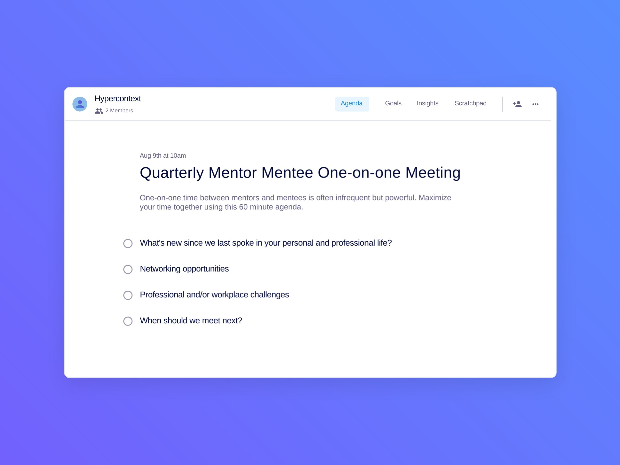 Quarterly mentor mentee one-on-one meeting template (4 topics and ideas)
