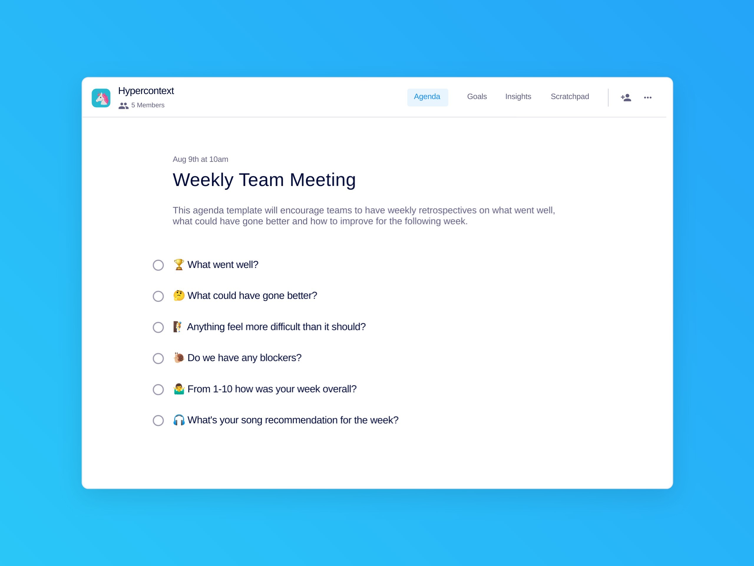 Weekly team meeting template (6 topics and ideas)