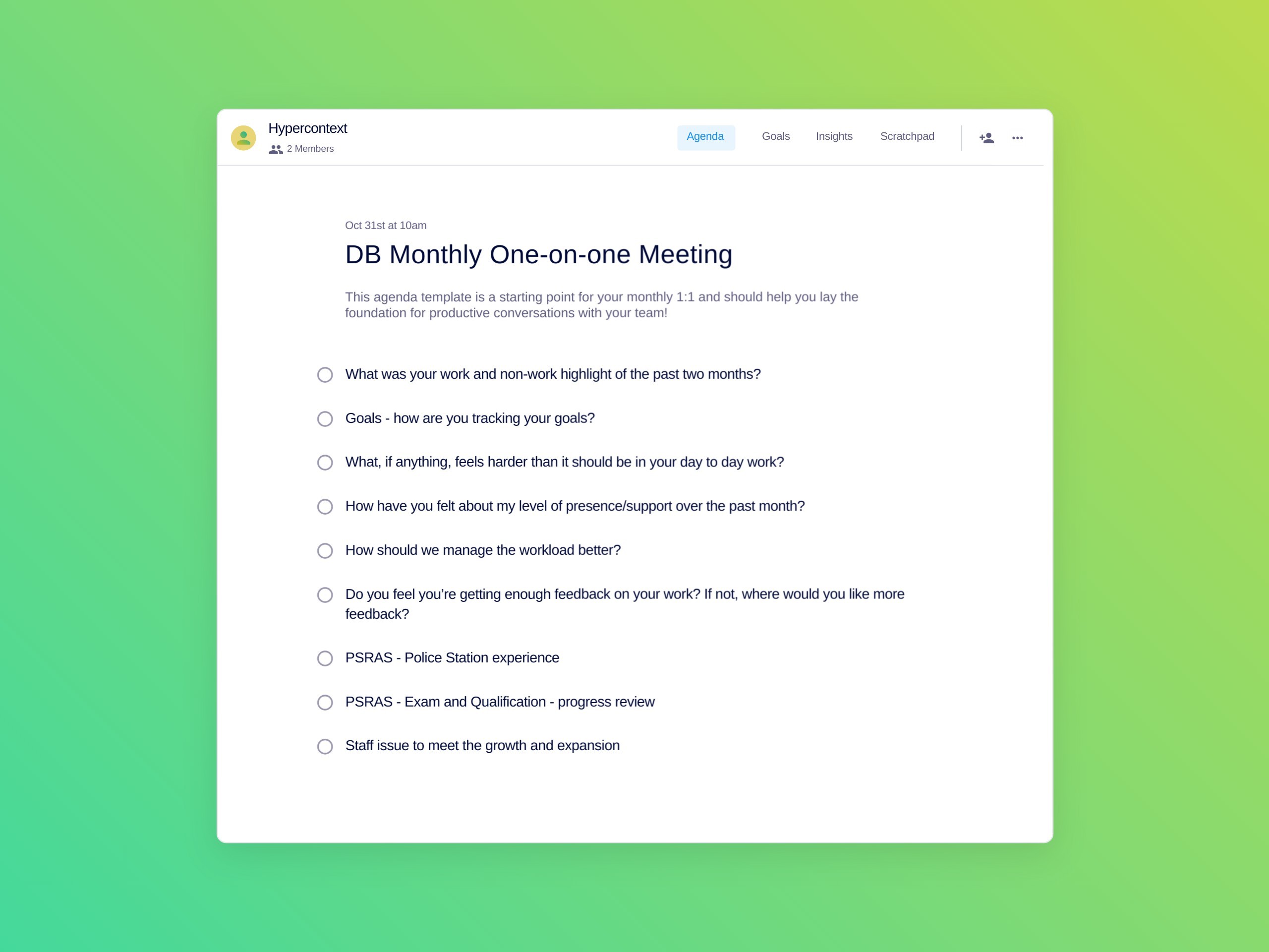 Db monthly one-on-one meeting template (9 topics and ideas)
