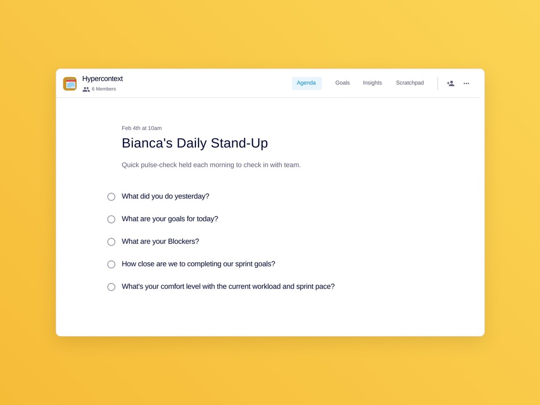 Bianca's daily stand-up template (5 topics and ideas) 