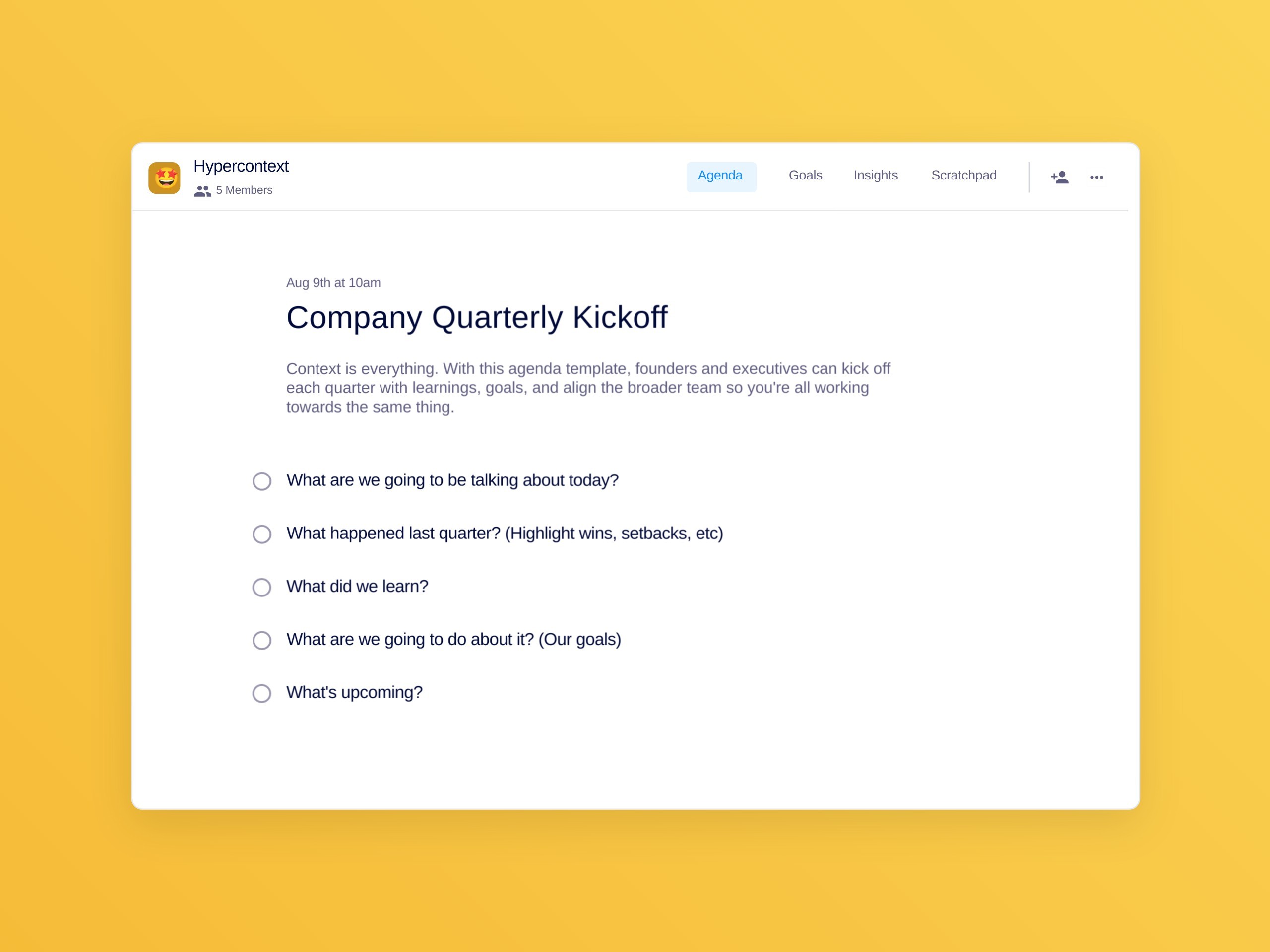 Company quarterly kickoff template (5 topics and ideas)