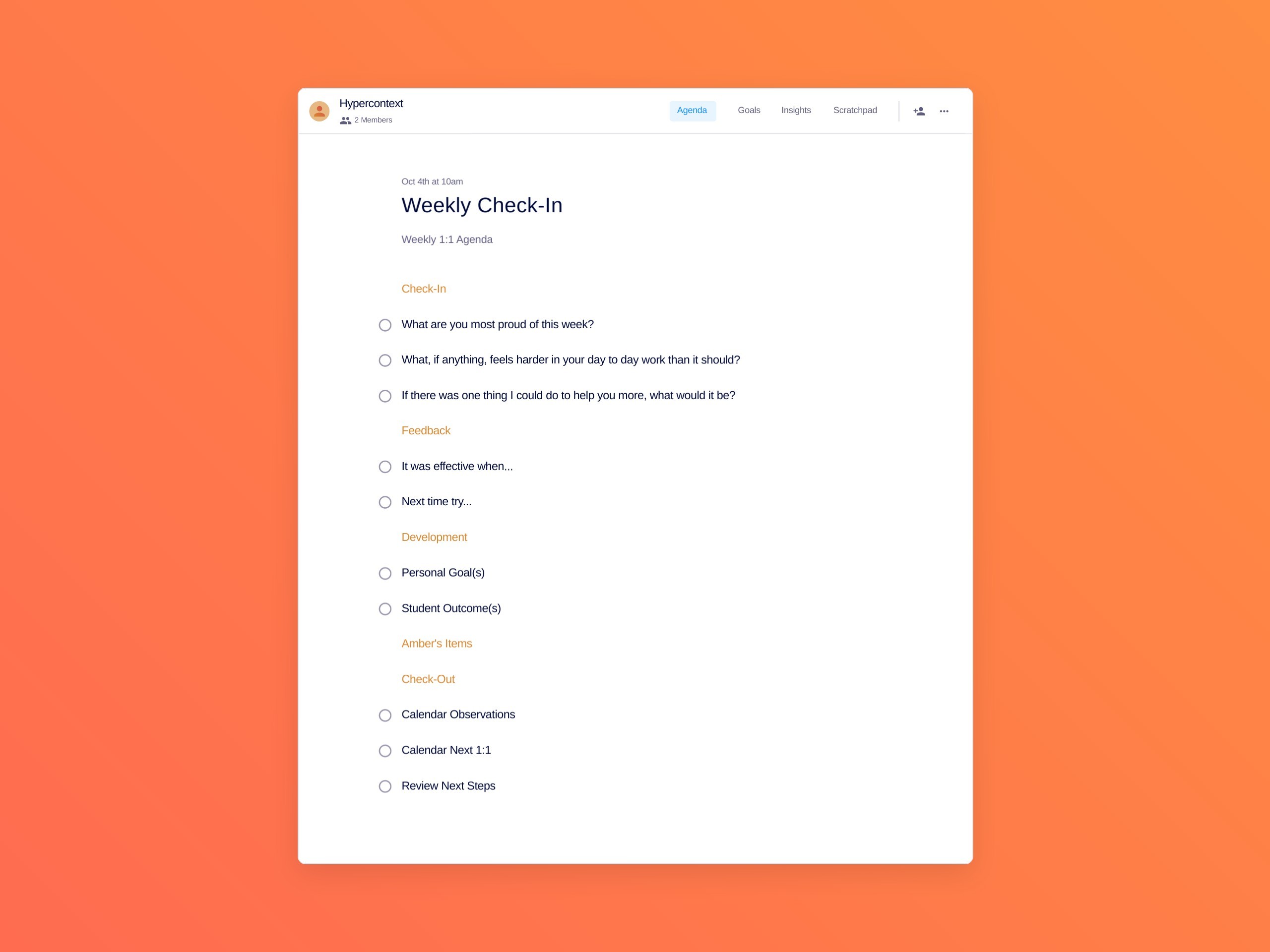 Weekly check-in template (10 topics and ideas)