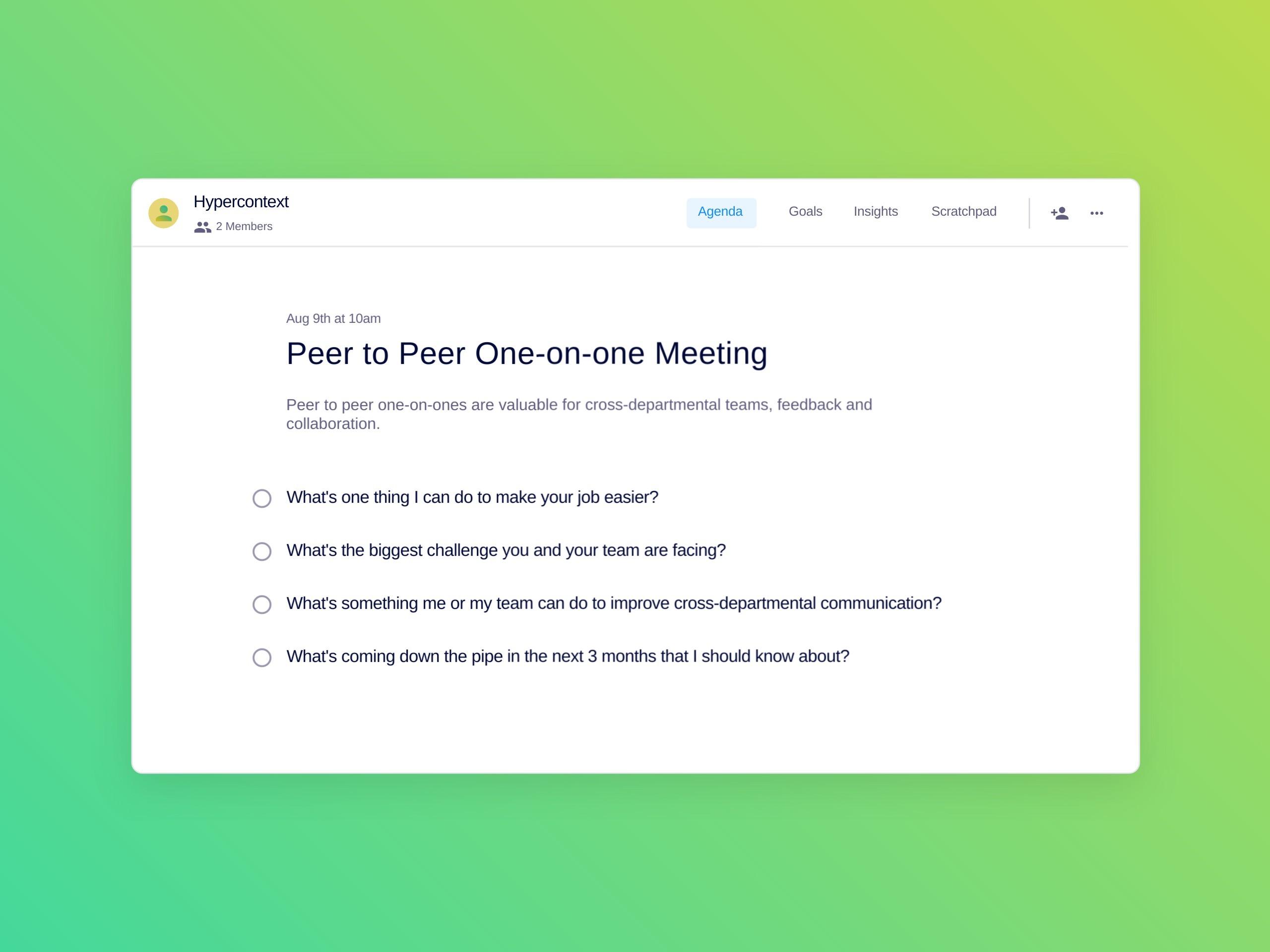 Peer to peer one-on-one meeting template (4 topics and ideas)