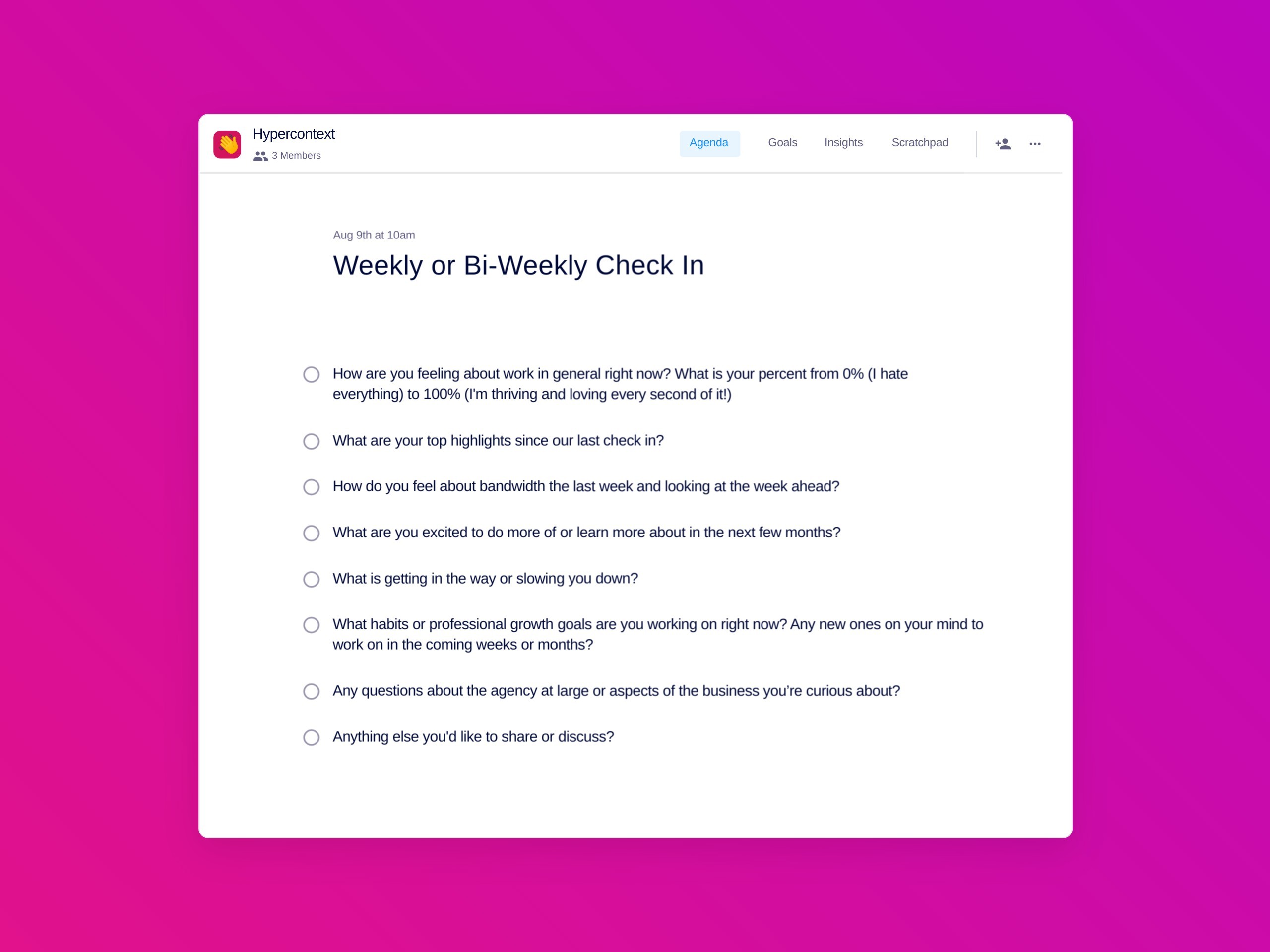 Weekly or bi-weekly check in template