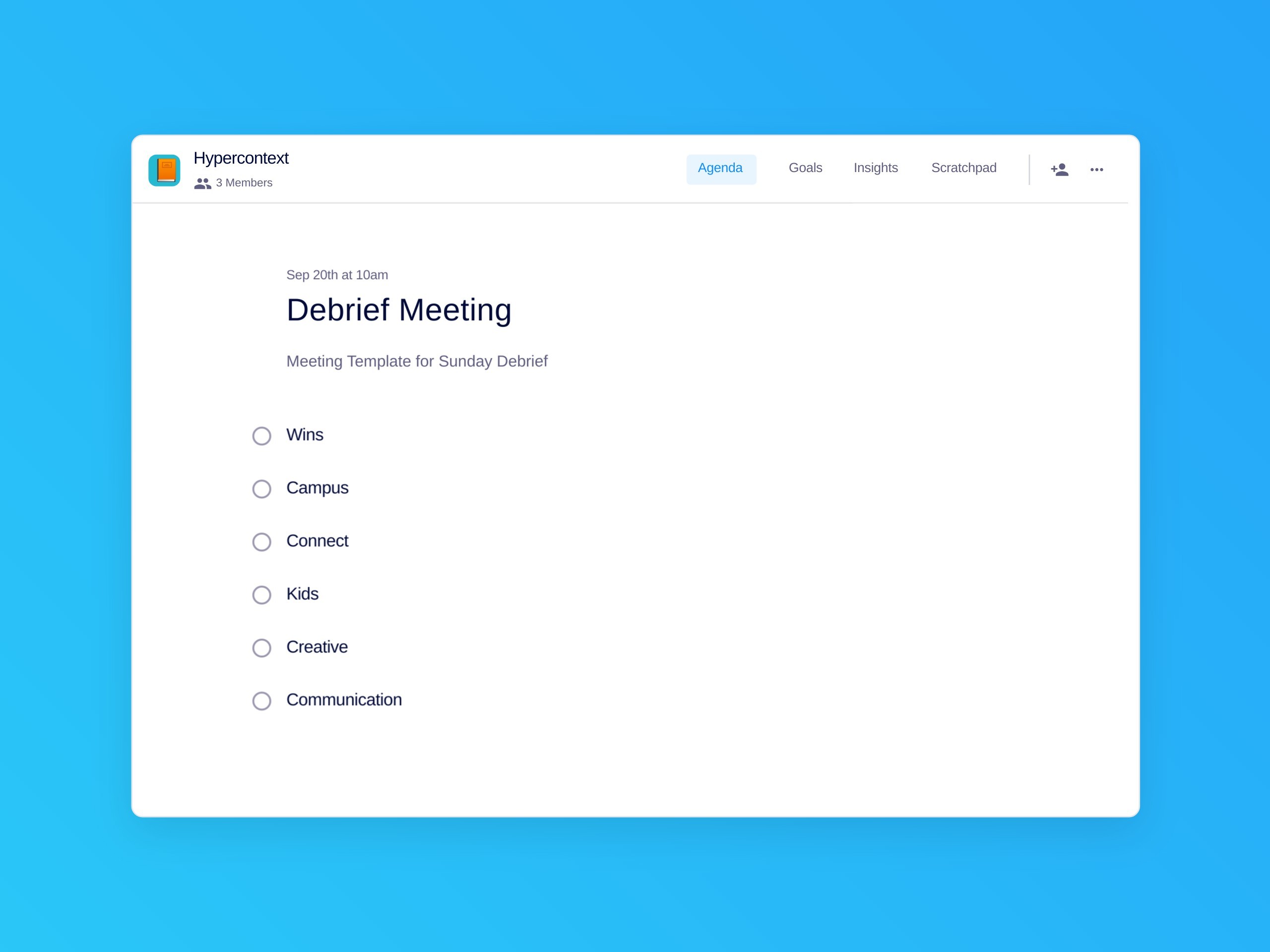 Debrief meeting template (6 topics and ideas)