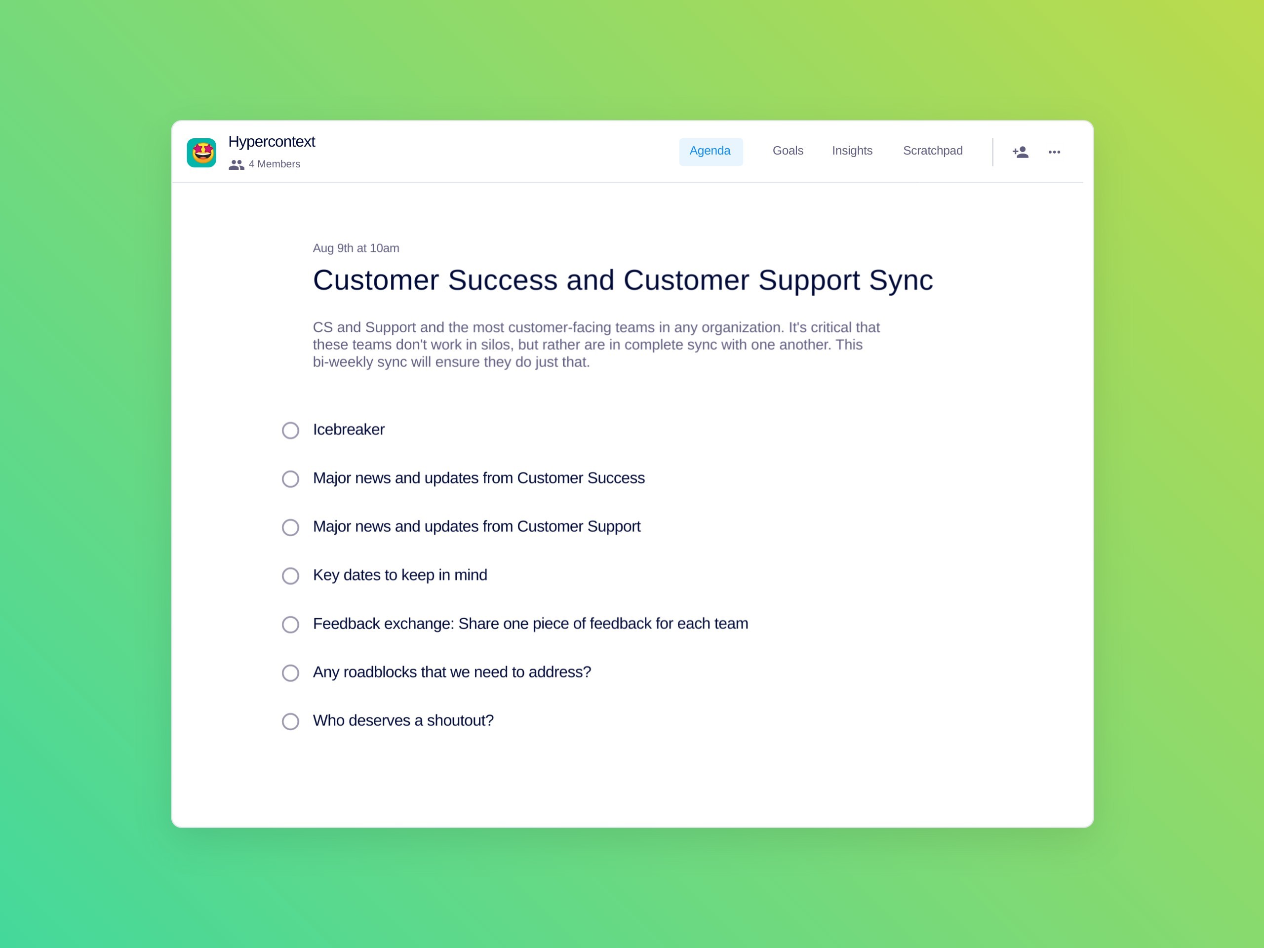 Customer success and customer support sync template (7 topics and ideas)