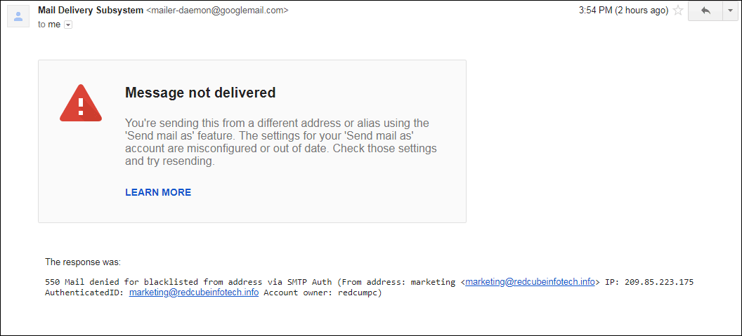 Resolving "Message not delivered" bounces from Gmail because your "Send mail as" settings are misconfigured