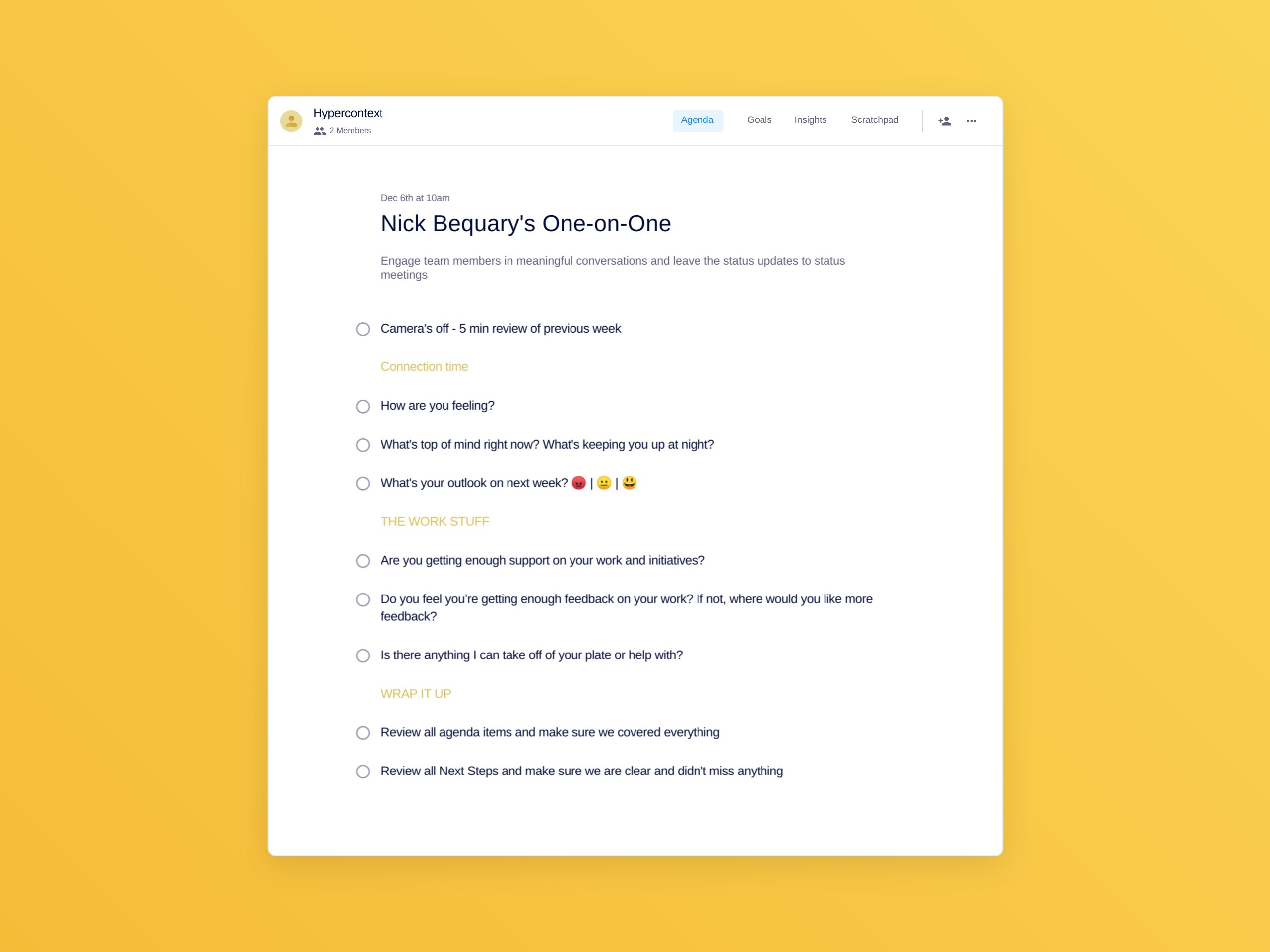 Nick bequary's one-on-one template (9 topics and ideas)