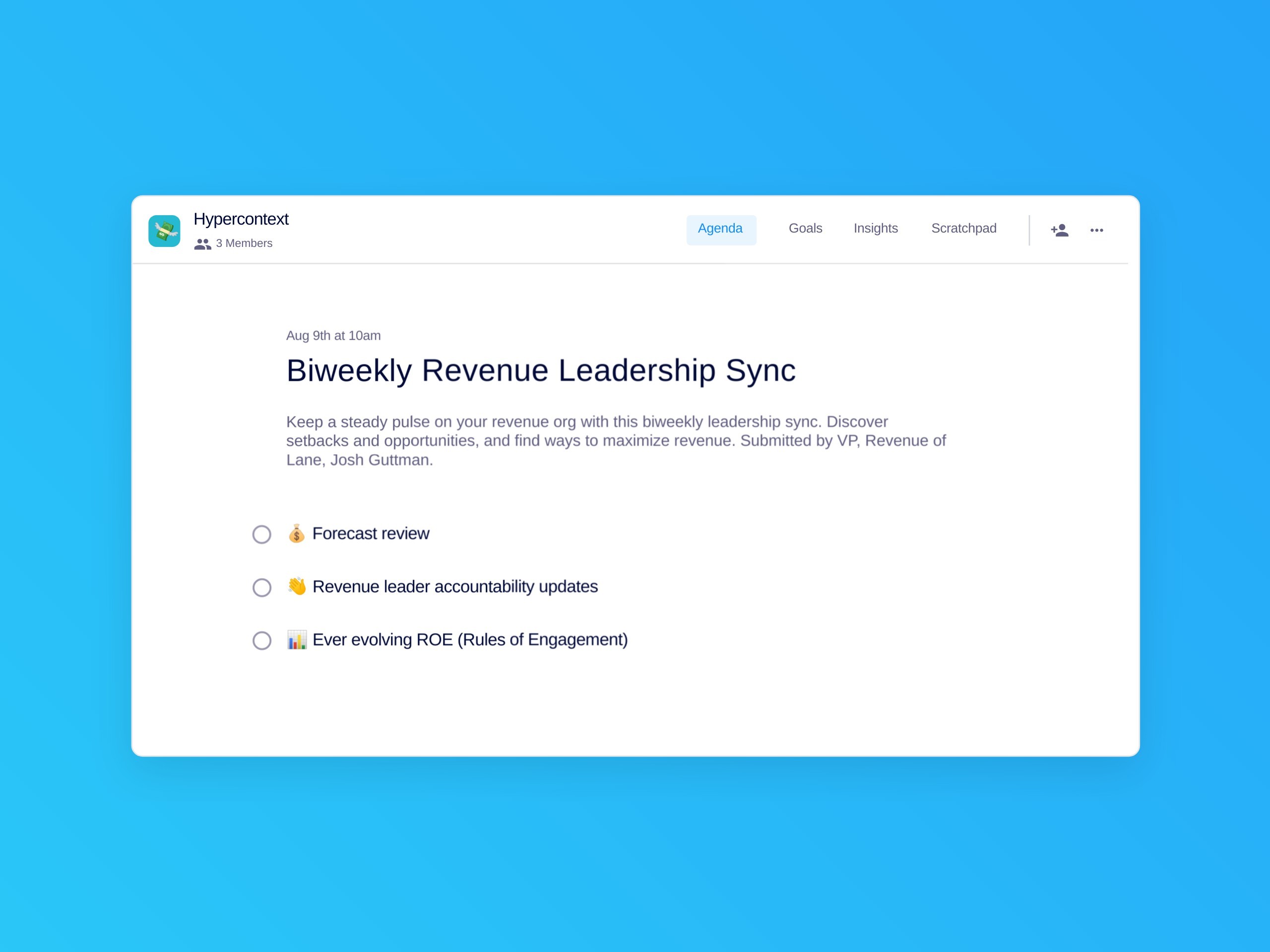 Biweekly revenue leadership sync template (3 topics and ideas)