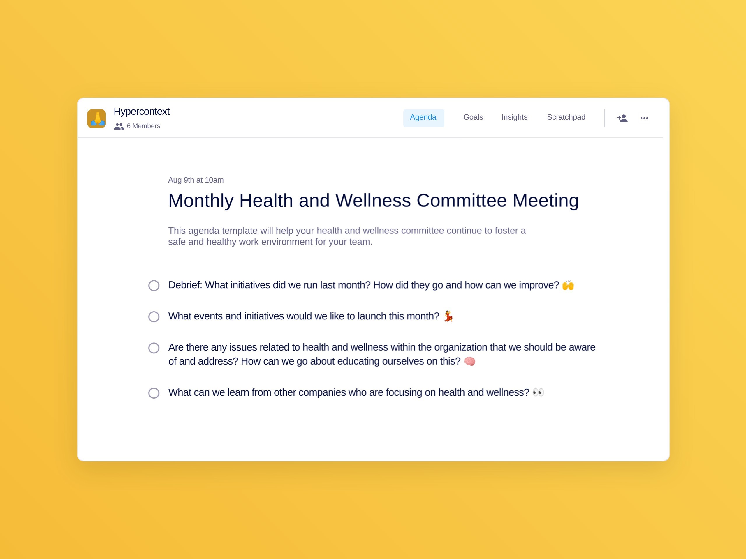 Monthly health and wellness committee meeting template (4 topics and ideas)