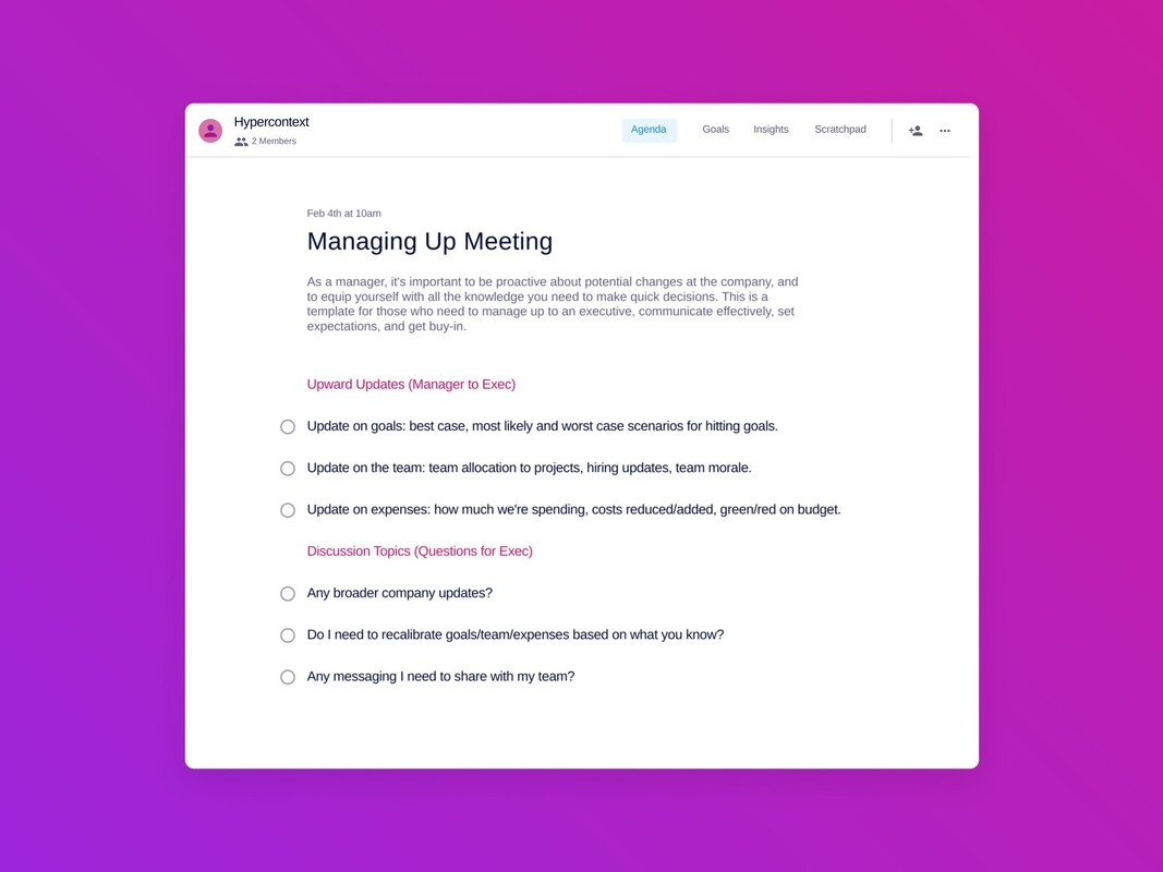 Managing up meeting template (6 topics and ideas) 