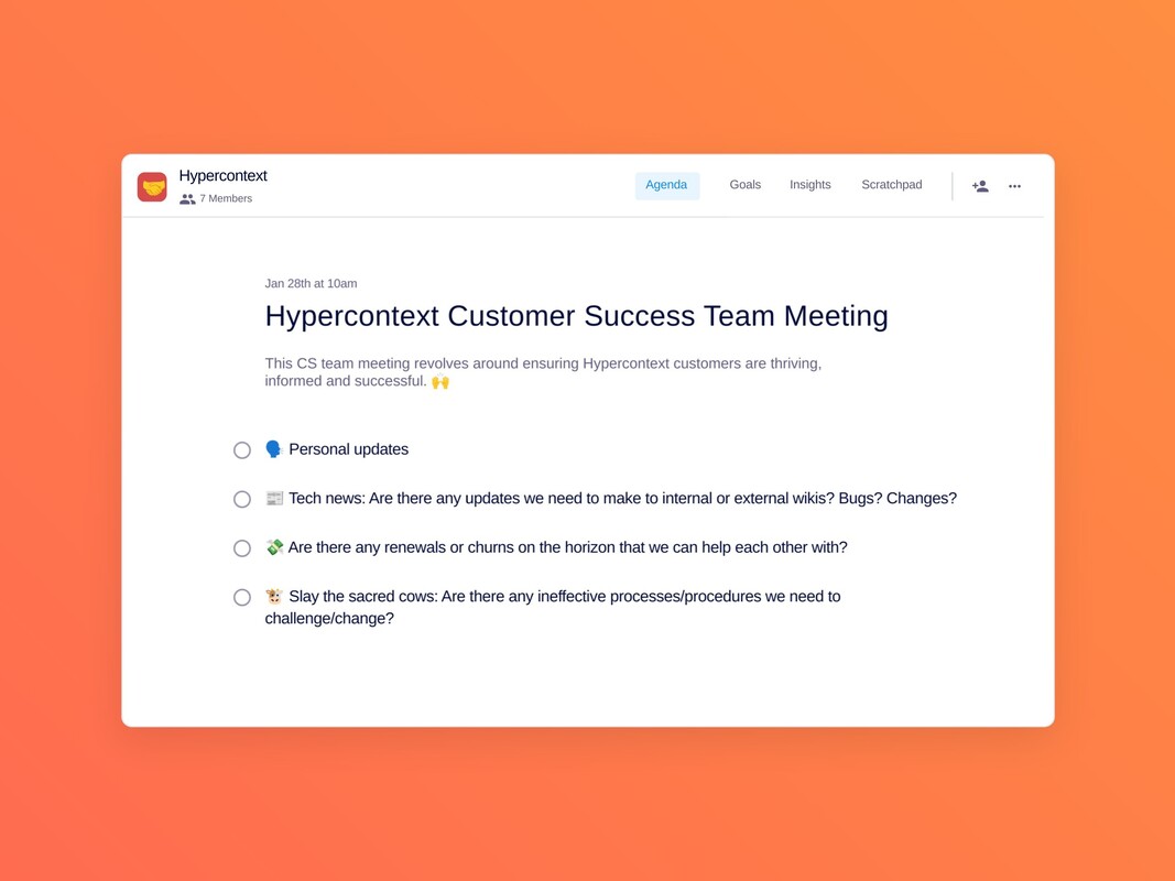 Hypercontext customer success team meeting template (4 topics and ideas) | Spinach
