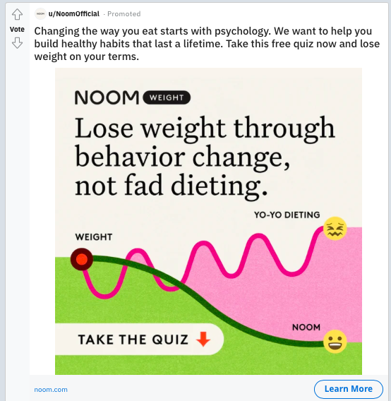 Reddit ad urging viewers to take a quiz - Swipe File