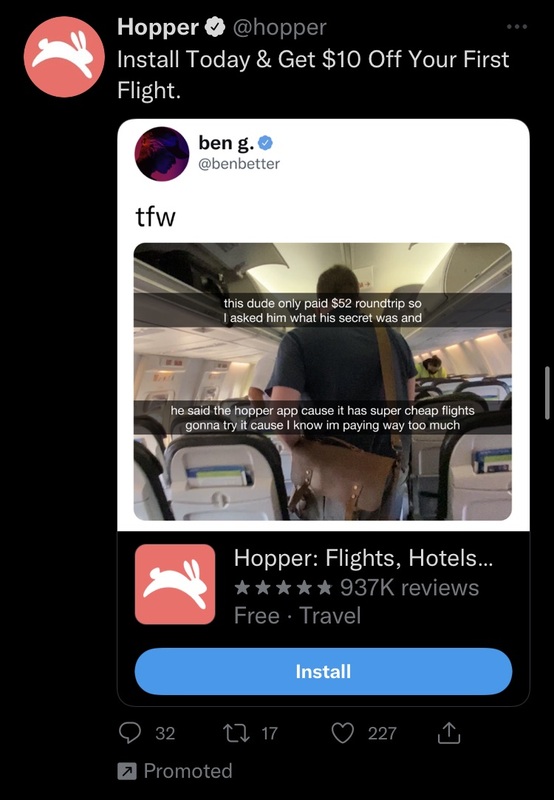 Twitter ad for hooper disguised as a tweet - Swipe File