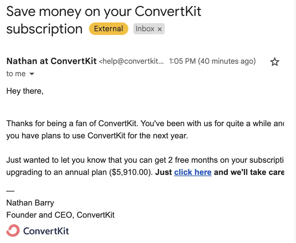 Great "Yearly Upgrade Deal" from ConvertKit - Swipe File