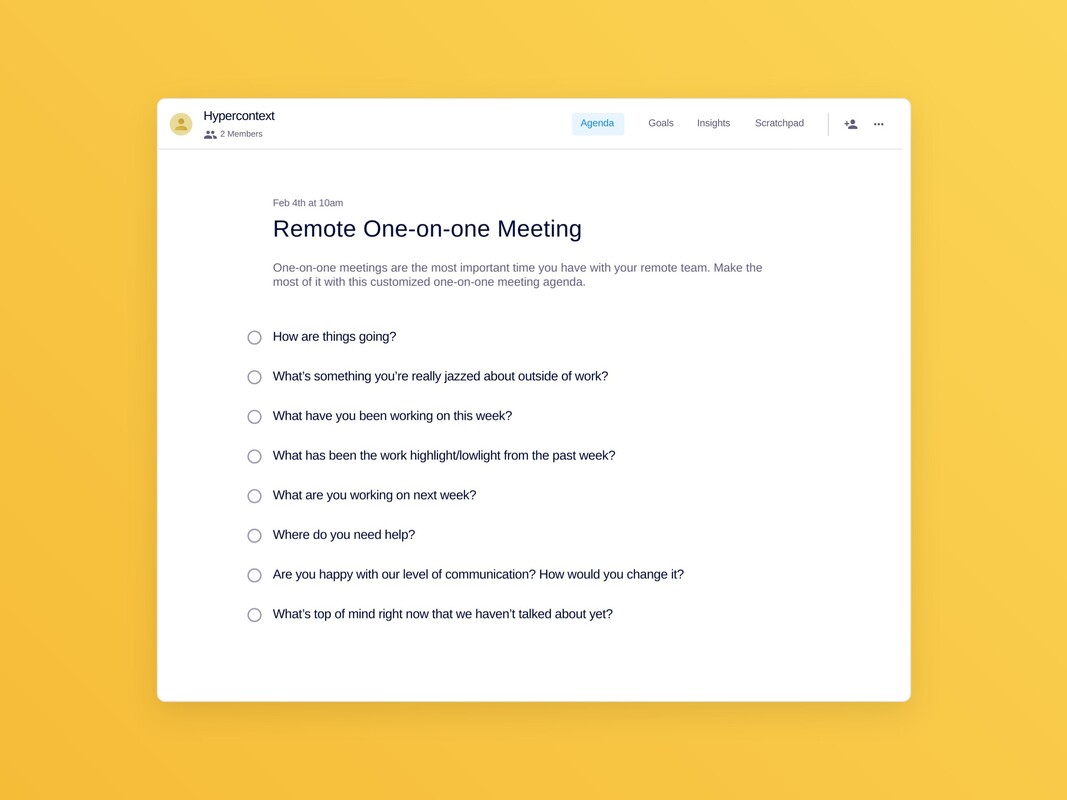 Remote one-on-one meeting template (8 topics and ideas) 