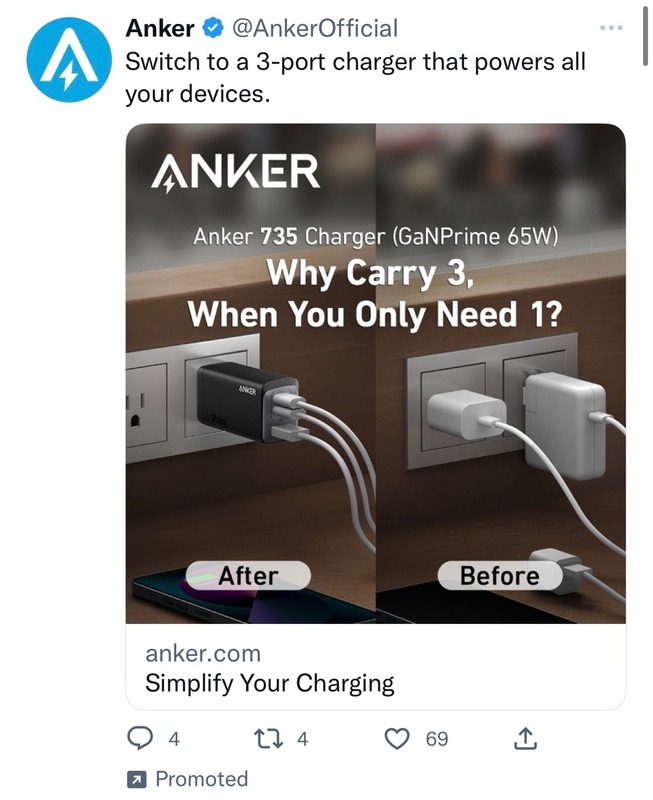 Anker Twitter Ad for Charging Cables - Swipe File