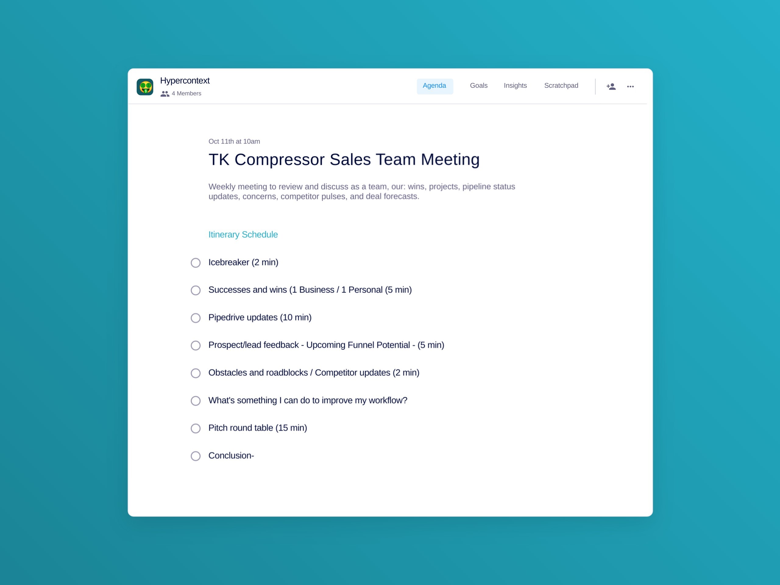 Tk compressor sales team meeting template (8 topics and ideas)
