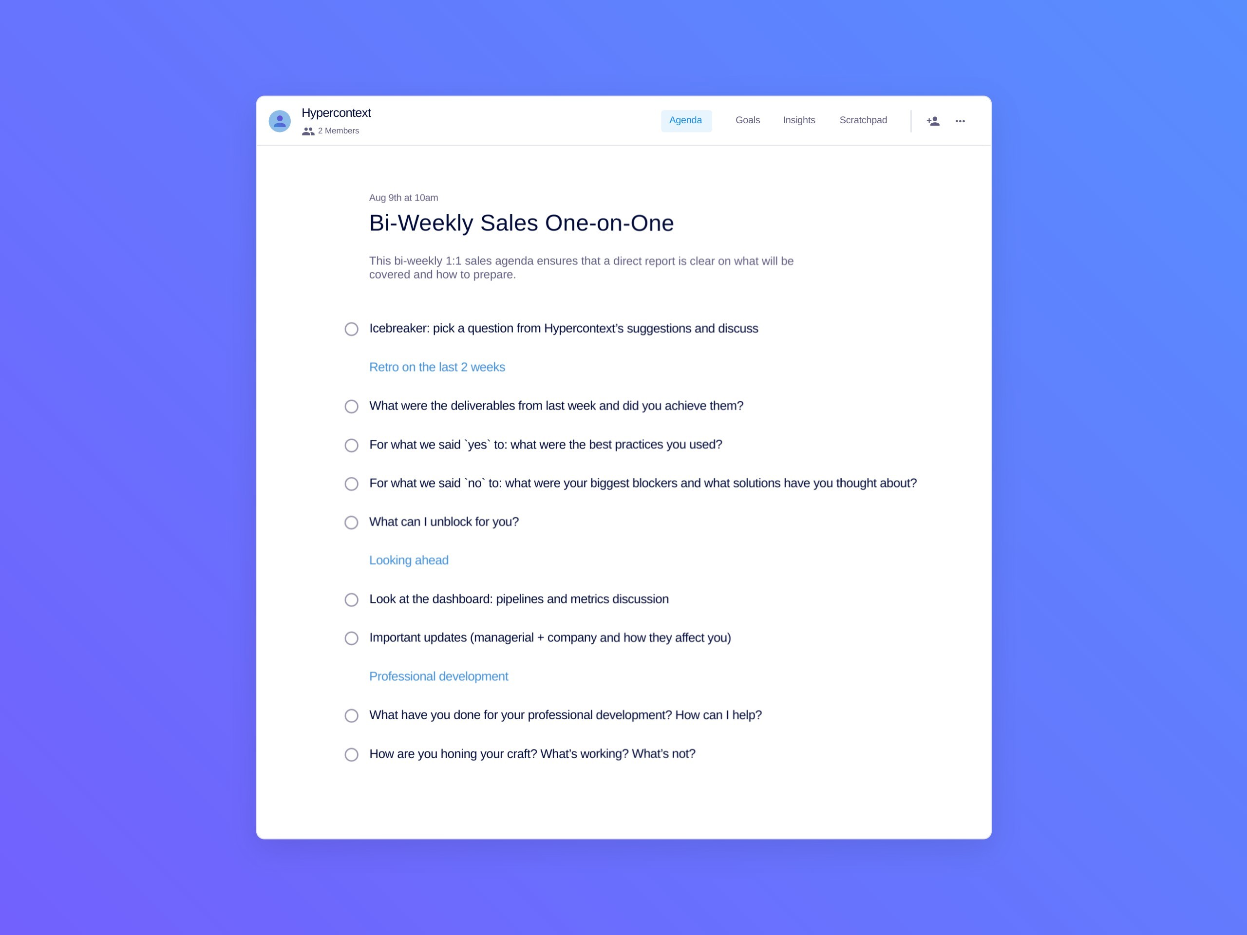 Bi-weekly sales one-on-one template (9 topics and ideas)