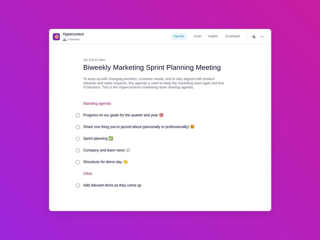 Biweekly marketing sprint planning meeting template (6 topics and ideas) | Spinach