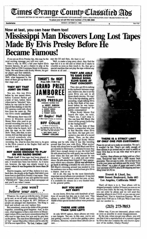 1988 Long Lost Tapes Made By Elvis Presley Print Ad - Swipe File