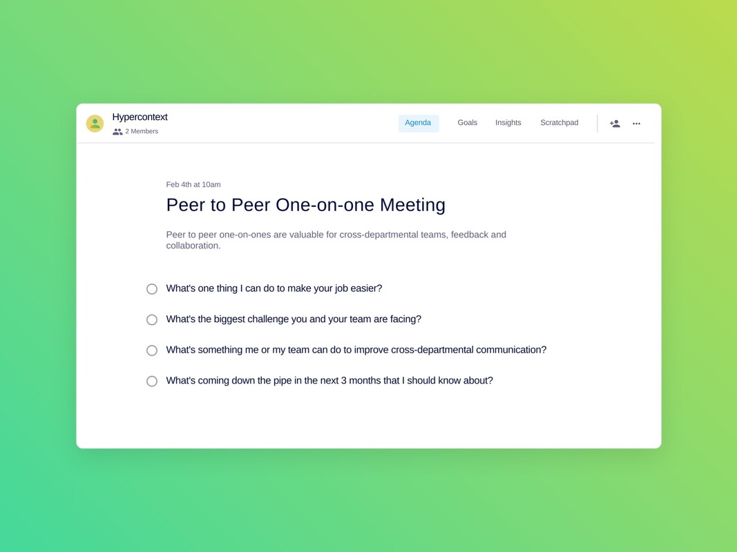 Peer to peer one-on-one meeting template (4 topics and ideas) | Spinach