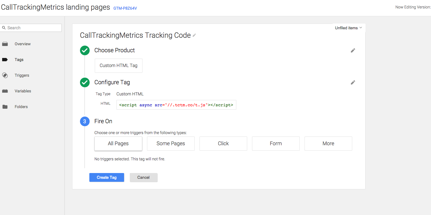Using Google's Tag Manager to install CTM's Tracking Code