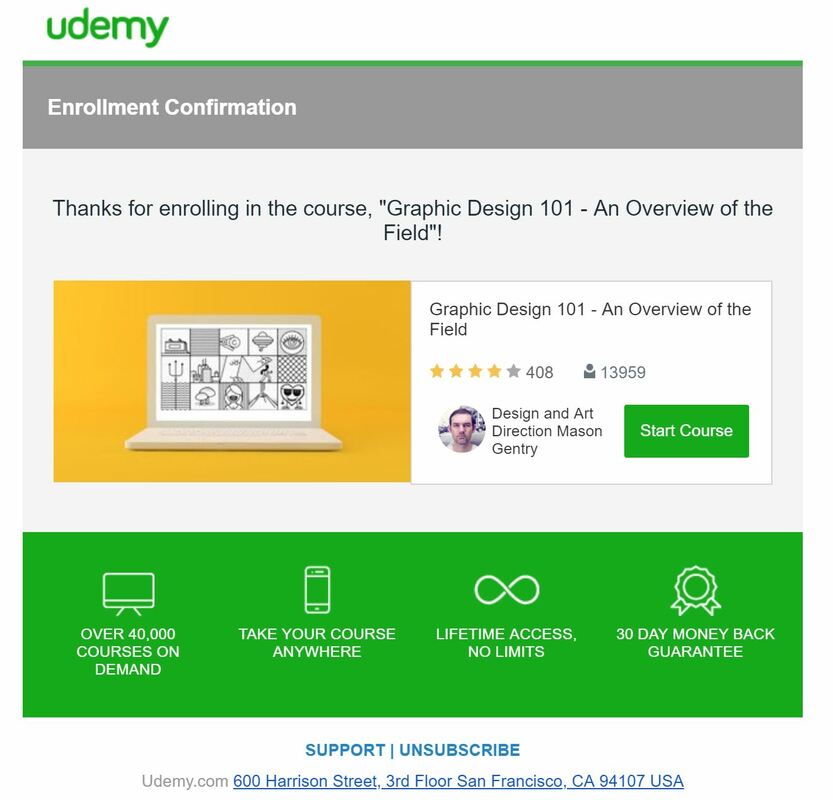 Udemy enrollment confirmation email - Swipe File