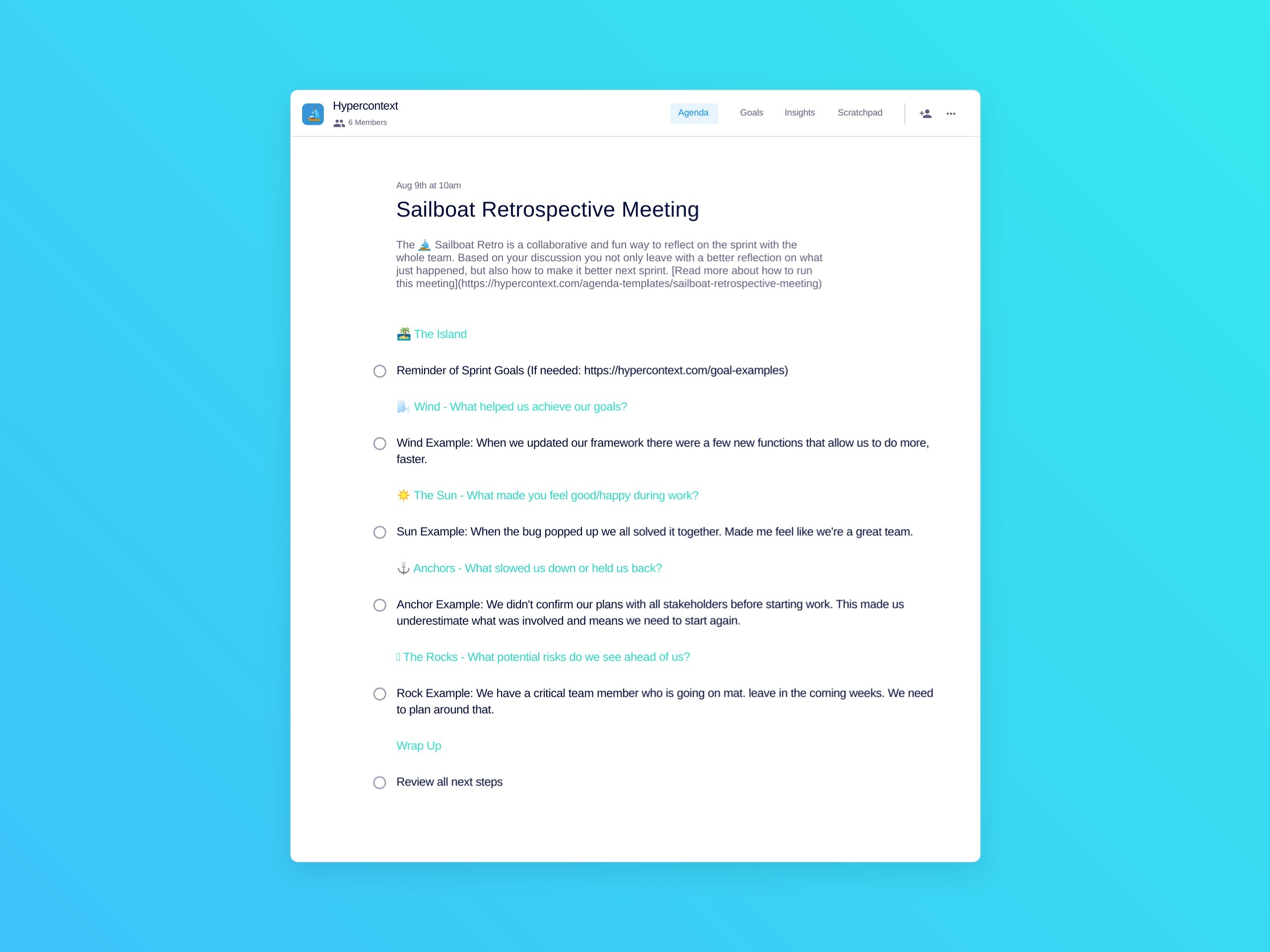 Sailboat retrospective meeting template (6 topics and ideas)
