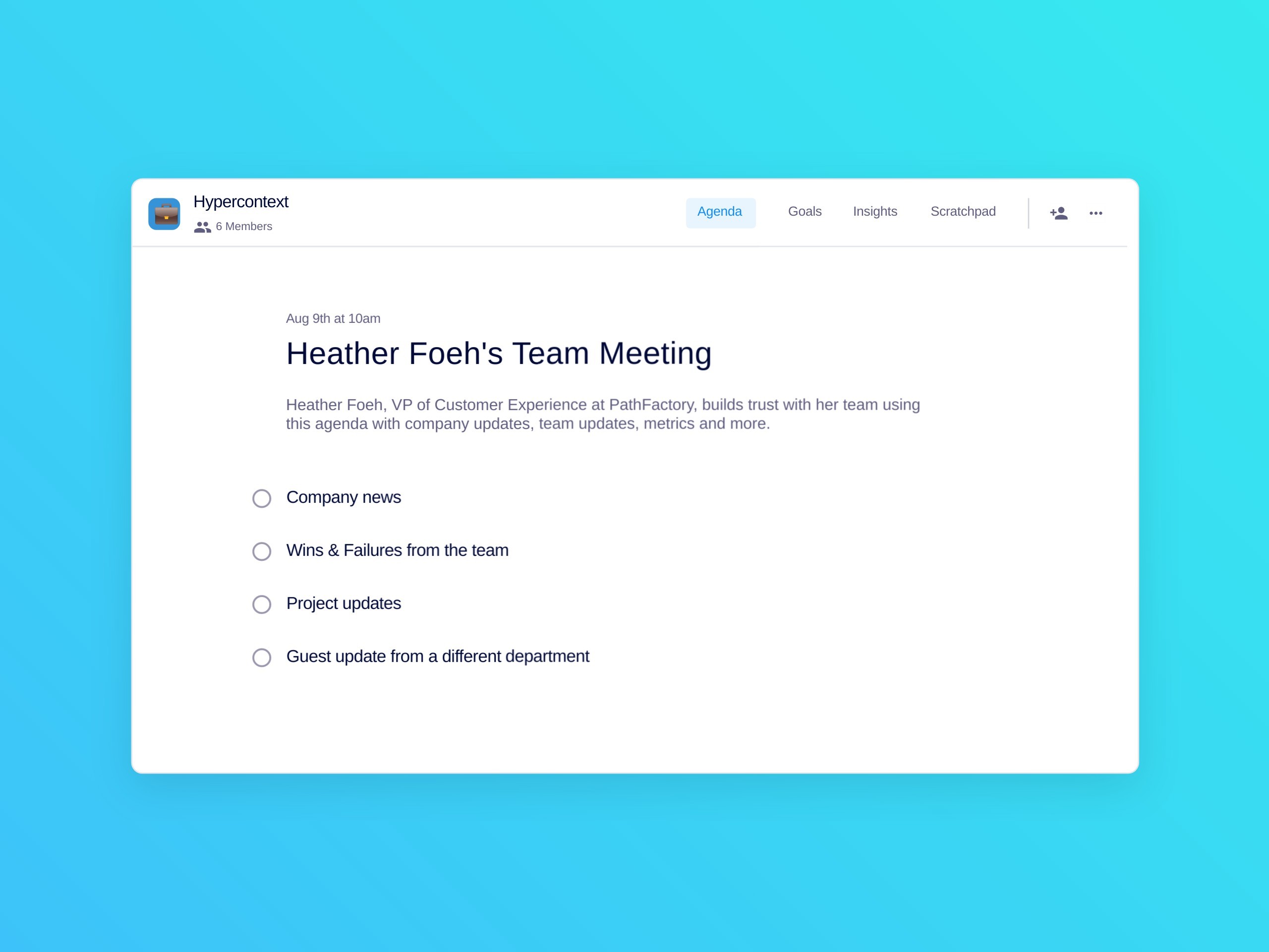Heather foeh's team meeting template (4 topics and ideas)
