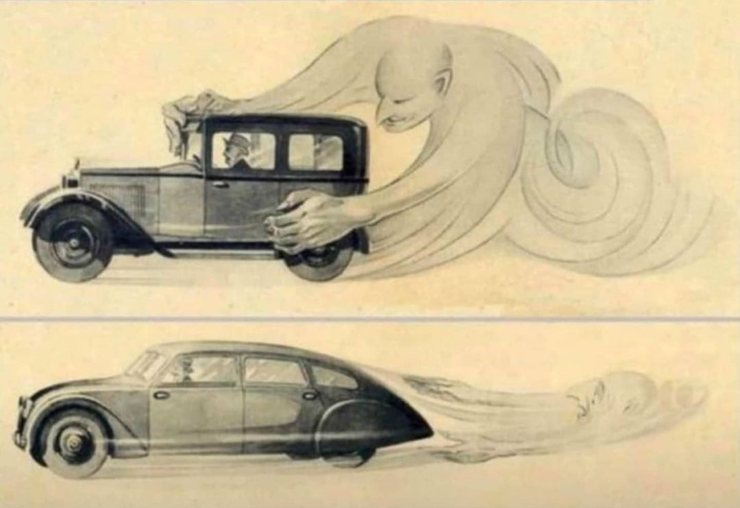 1930's illustration showing aerodynamic engineering of new cars - Swipe File