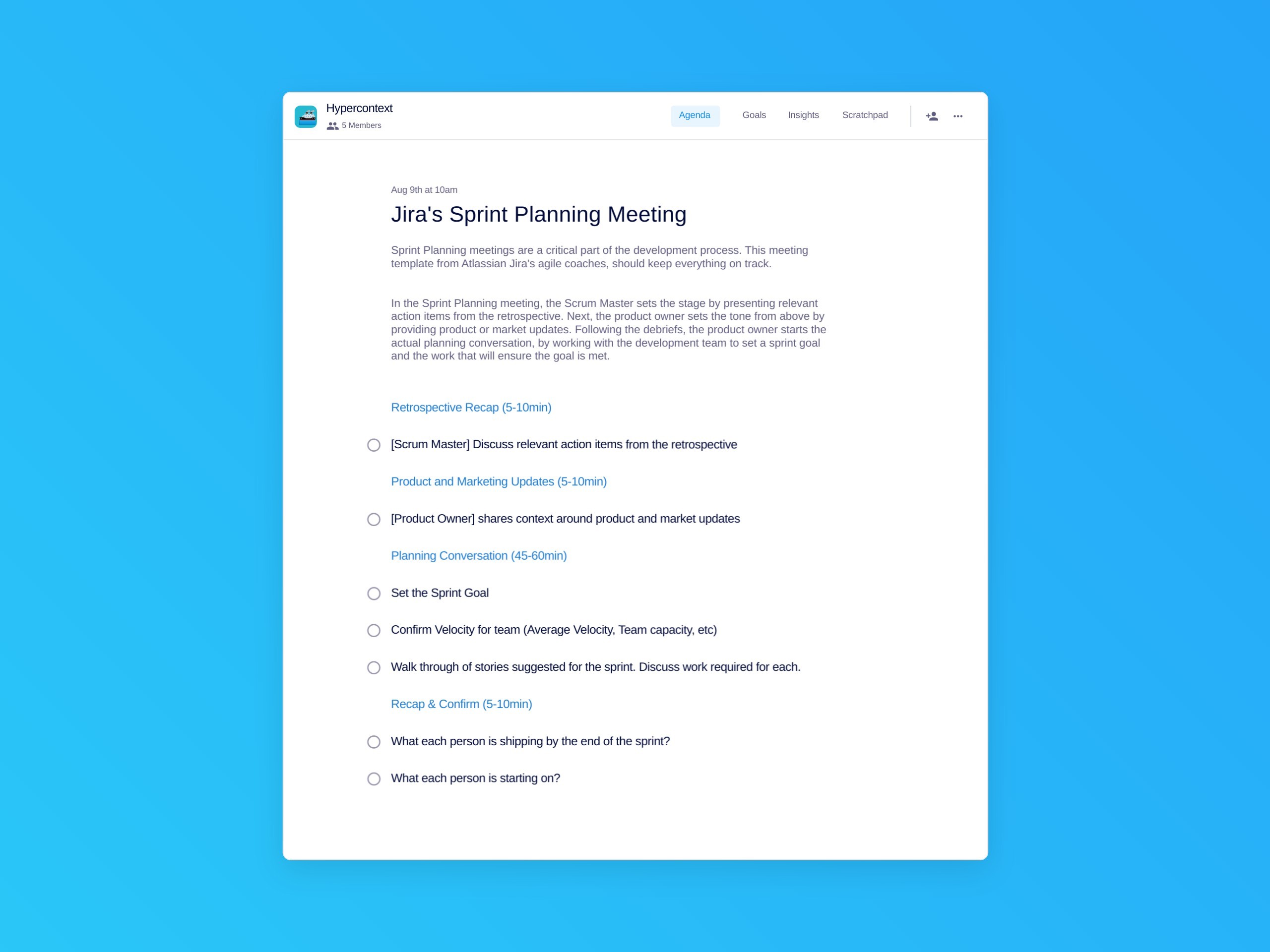 Jira's sprint planning meeting template (7 topics and ideas)