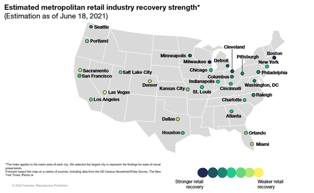 Forrester's US Retail Recovery Heat Map, June 2021 - Expected Income Loss Still High In Some Metros