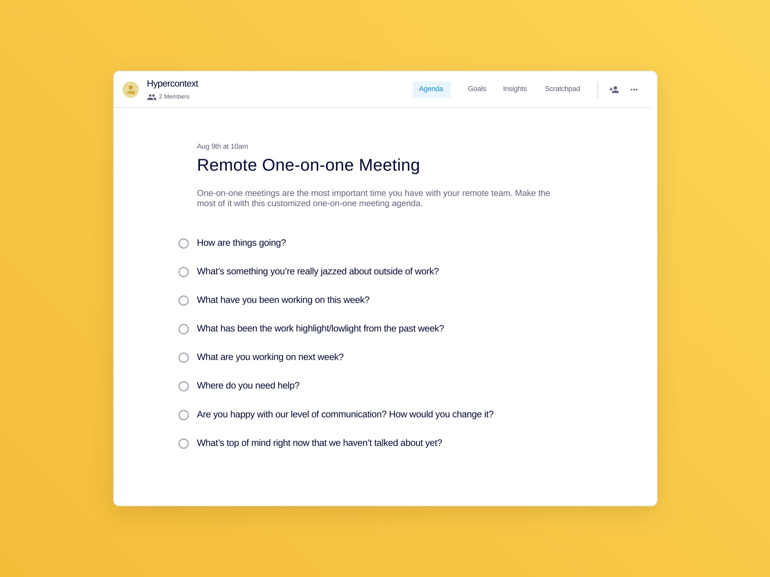 Remote one-on-one meeting template (8 topics and ideas)