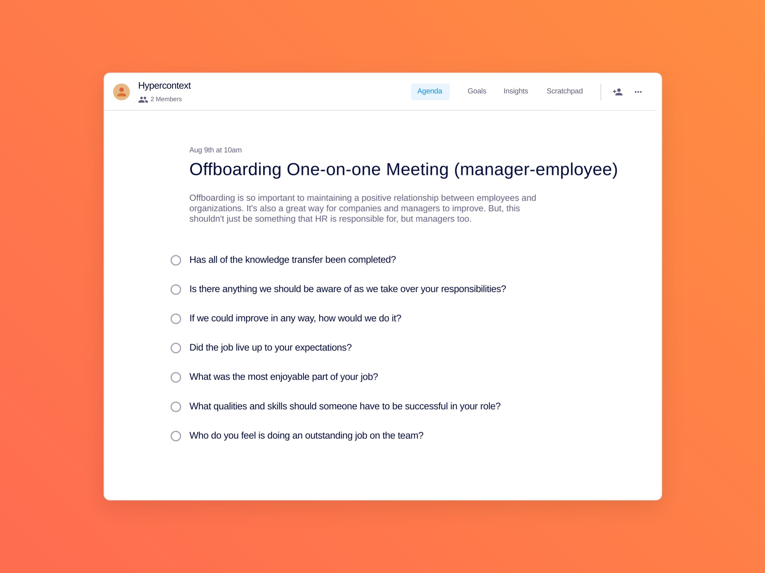 Offboarding one-on-one meeting (manager-employee) template (7 topics and ideas)