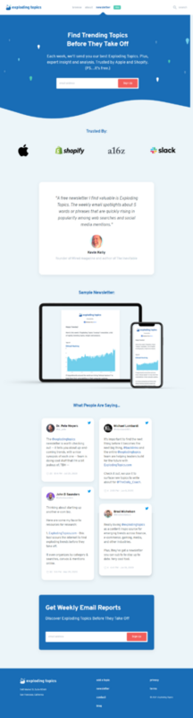 Exploding Topics newsletter landing page - Swipe File