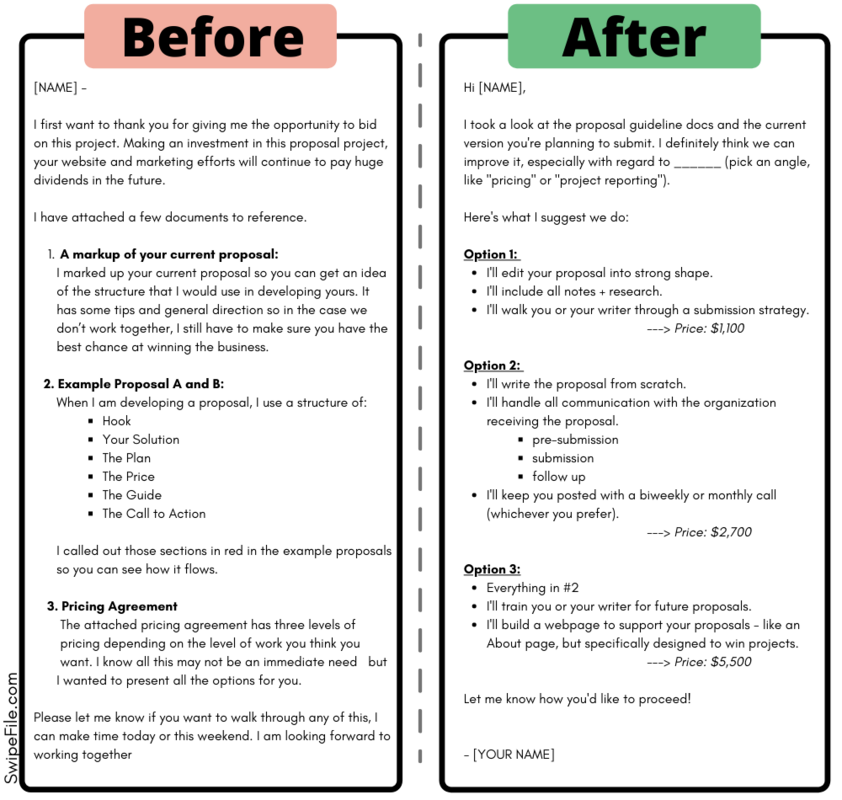 Proposal email before/after - Swipe File