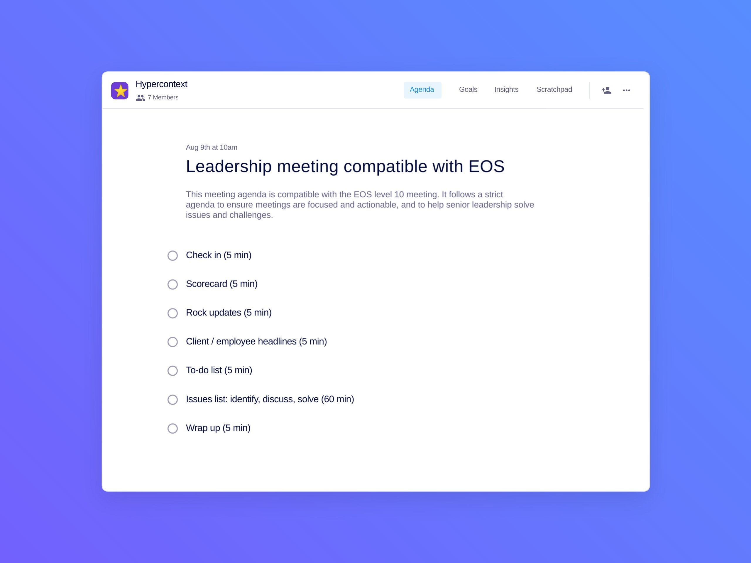Leadership meeting compatible with eos template (7 topics and ideas)