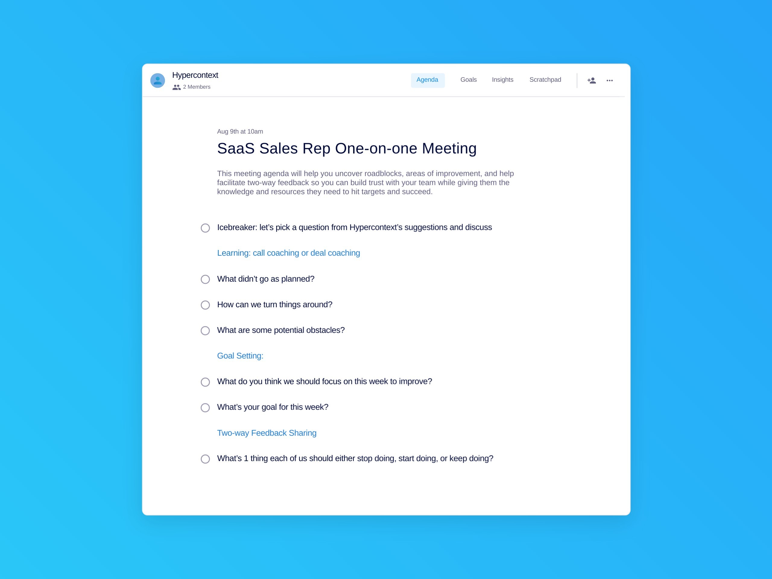 Saas sales rep one-on-one meeting template (7 topics and ideas)