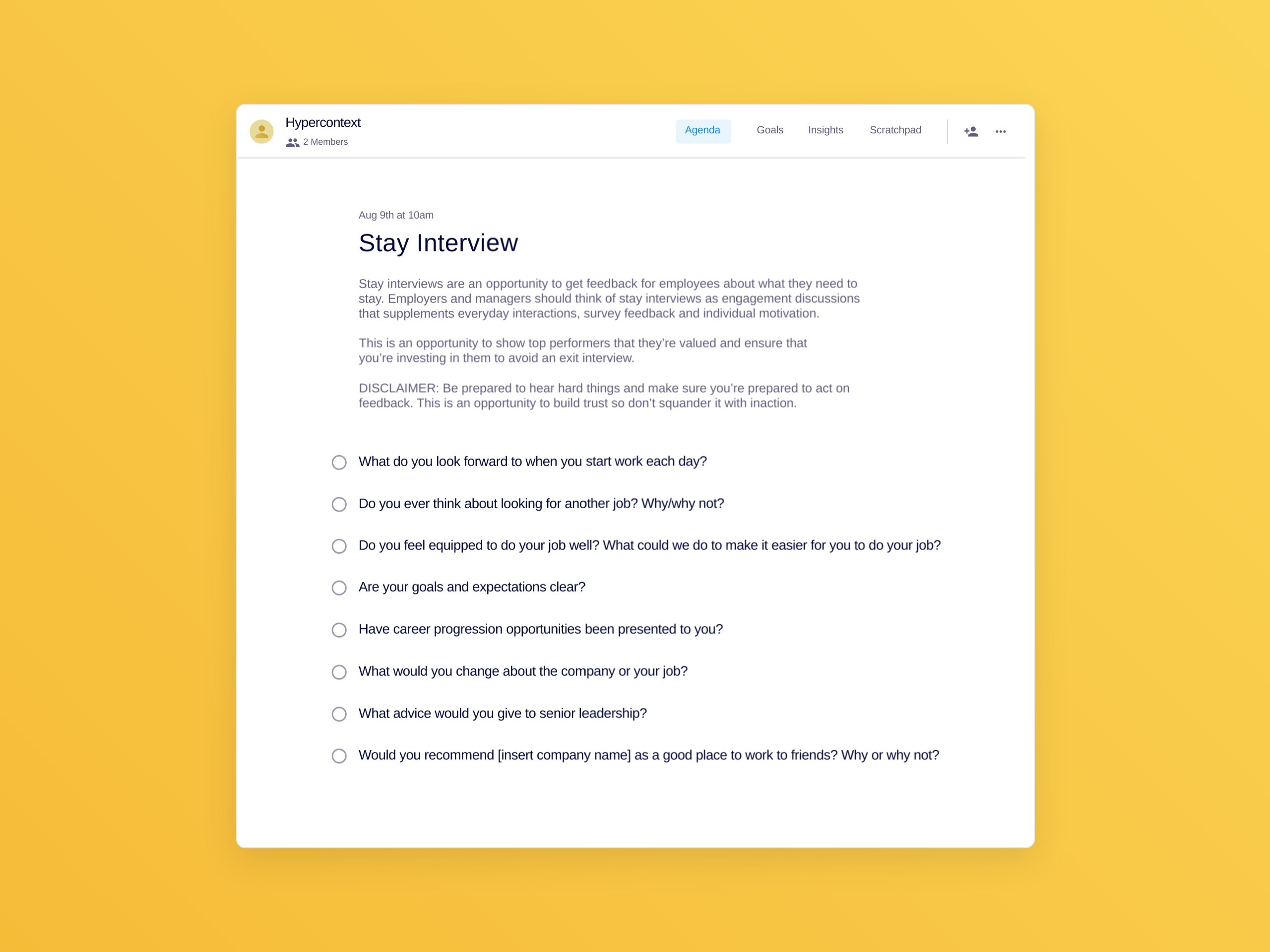 Stay interview template (8 topics and ideas)